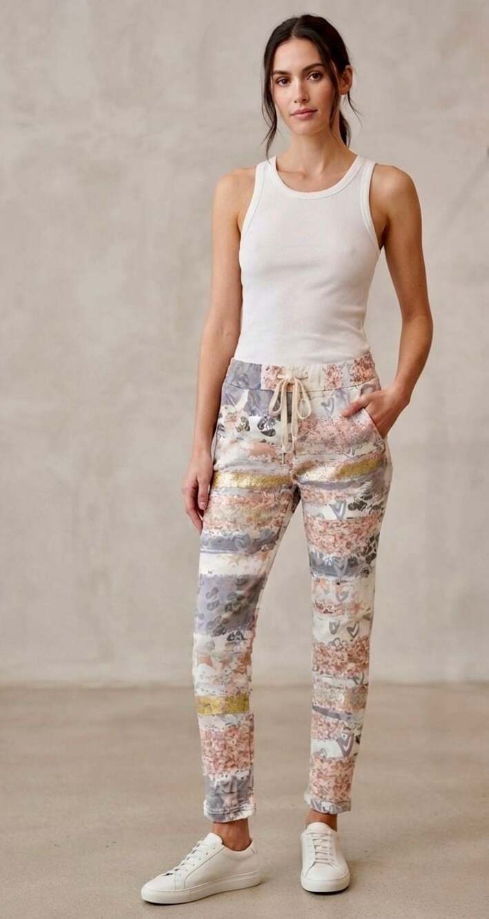 Tempo Paris Italian Cotton-Blend Patchwork Print Drawstring Jogger Pants